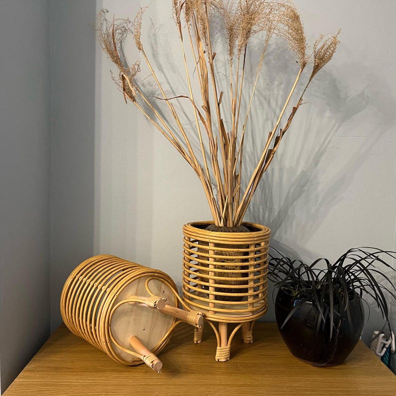 Handwoven Boho Rattan Plant Basket – Eco-Friendly Natural Bamboo Planter & Stand Basket for Plants, Home Decor, Housewarming Gift
