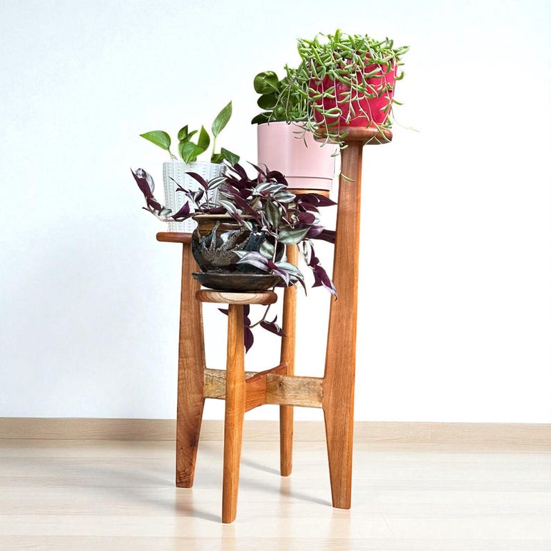 5 tier tassel free plant holder, mid century modern wooden plant stand with adjustable leveling feet.