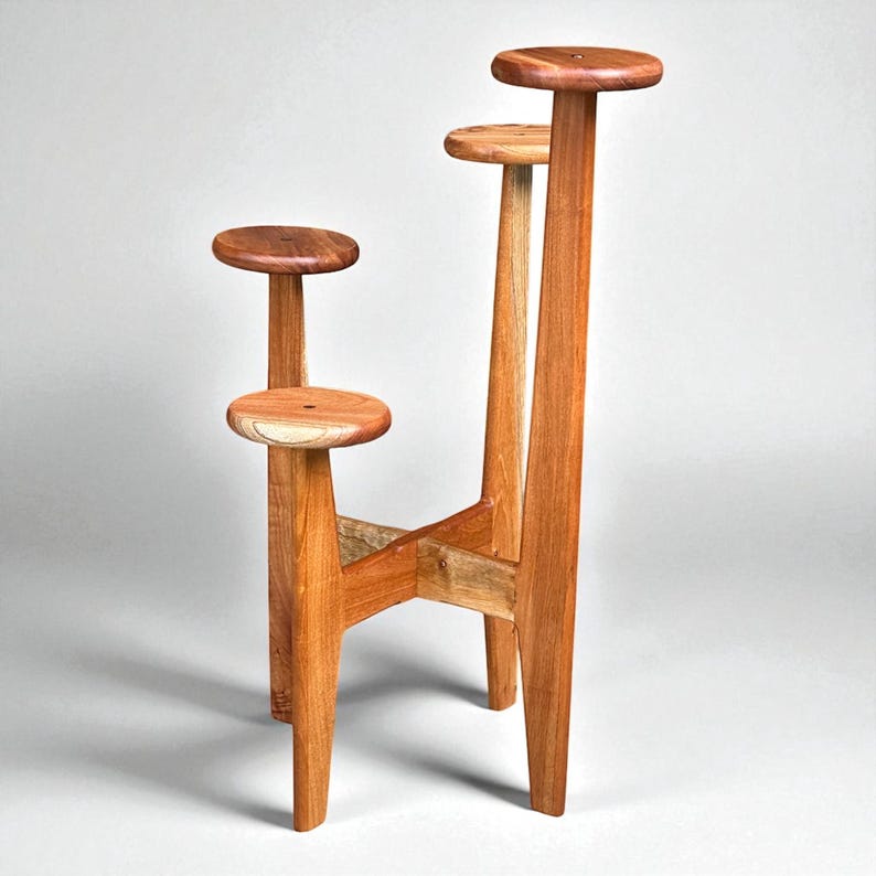 5 tier tassel free plant holder, mid century modern wooden plant stand with adjustable leveling feet.