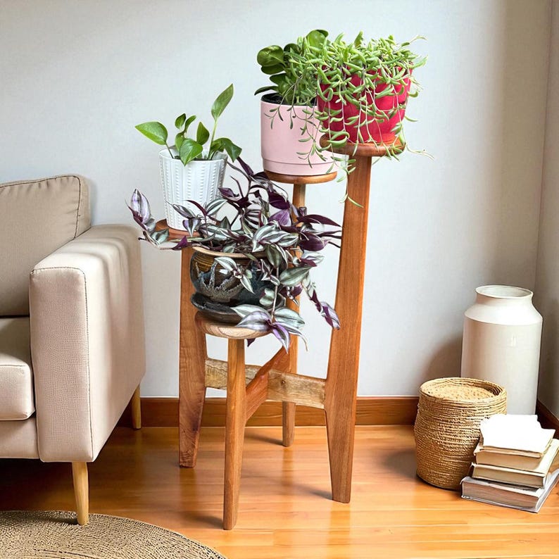 5 tier tassel free plant holder, mid century modern wooden plant stand with adjustable leveling feet.