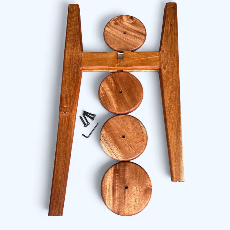 5 tier tassel free plant holder, mid century modern wooden plant stand with adjustable leveling feet.