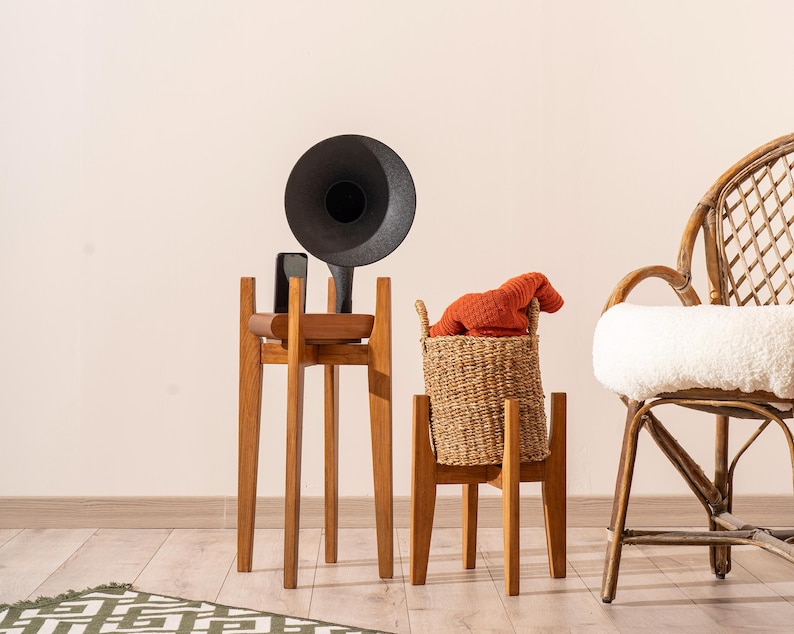 Indoor Plant Stand in Wood Mid Century Modern Style, Handmade Solid Hardwood Home Decor
