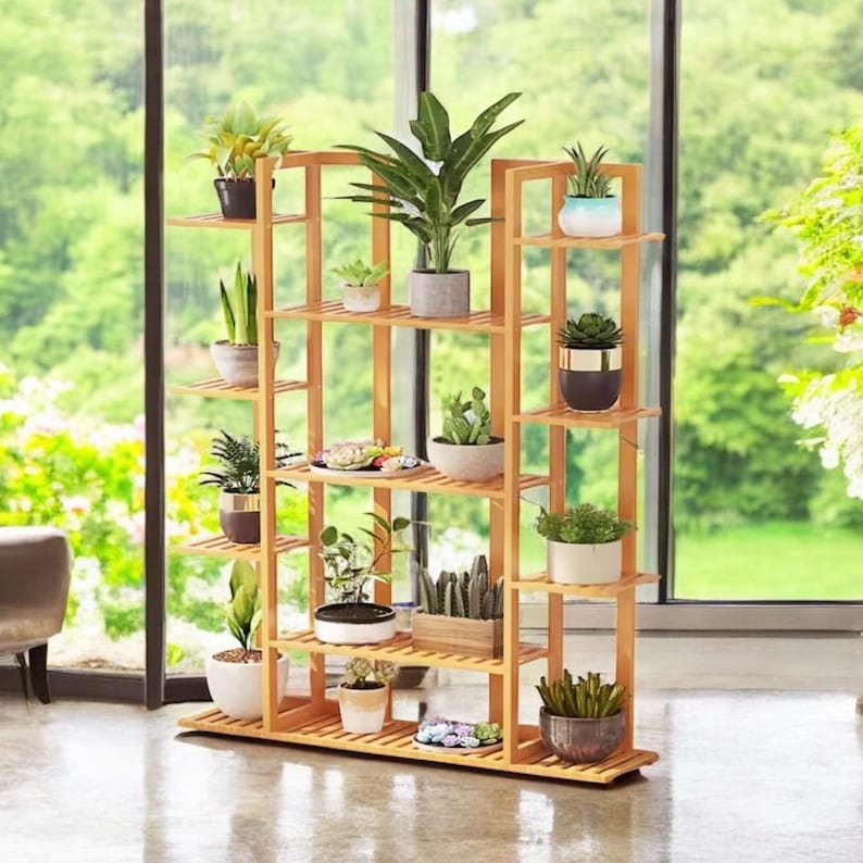 Bamboo Plant Shelf 9-Tier &ndash; Vertical Wooden Plant Stand, Space-Saving Flower Pot Display for Home, Balcony & Garden