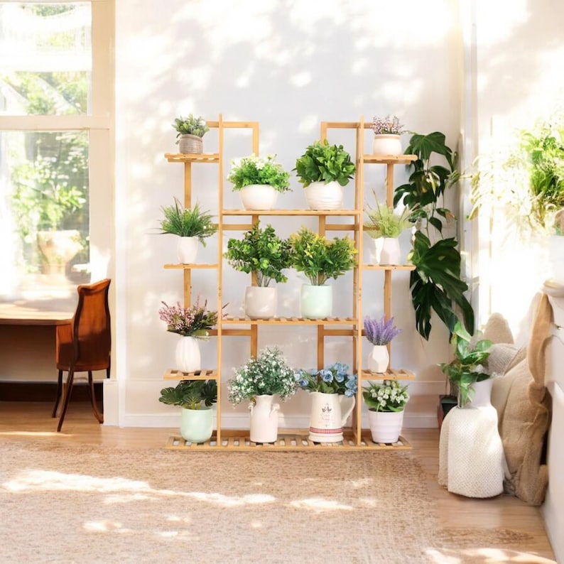Bamboo Plant Shelf 9-Tier &ndash; Vertical Wooden Plant Stand, Space-Saving Flower Pot Display for Home, Balcony & Garden