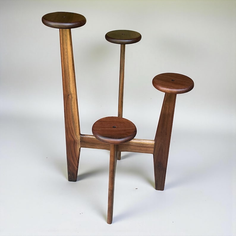 5 tier tassel free plant holder, mid century modern wooden plant stand with adjustable leveling feet.