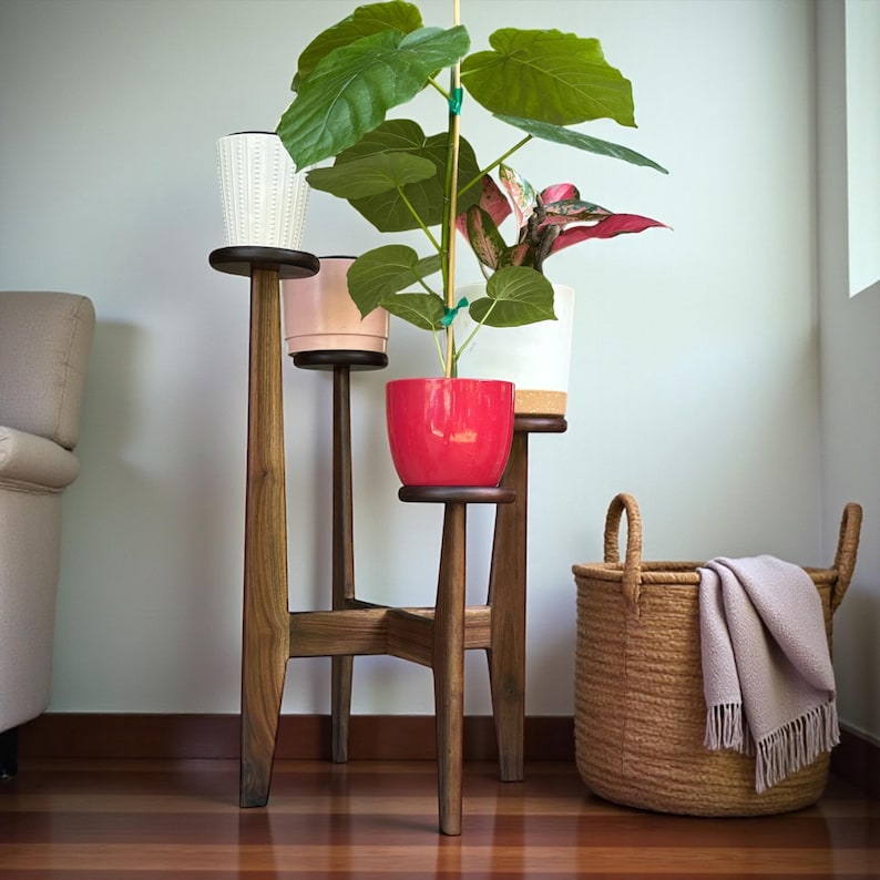 5 tier tassel free plant holder, mid century modern wooden plant stand with adjustable leveling feet.