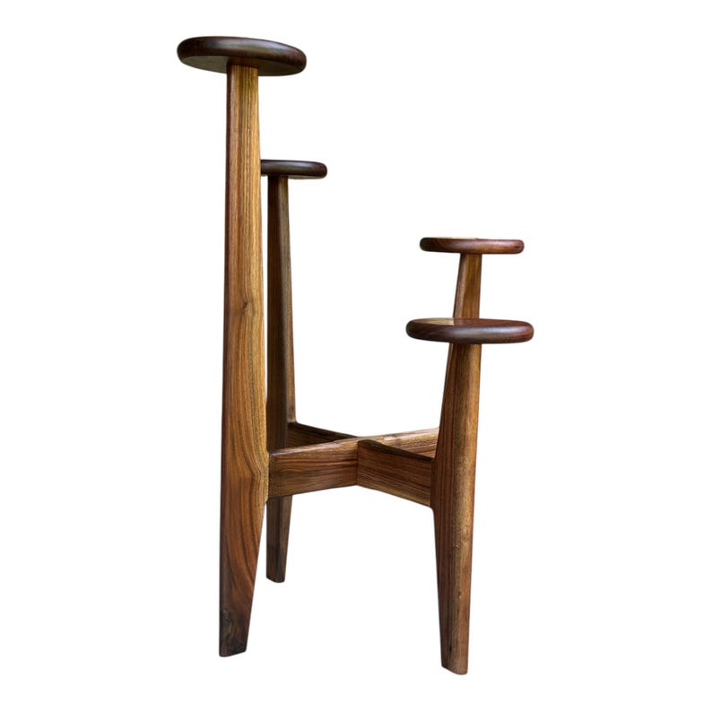 5 tier tassel free plant holder, mid century modern wooden plant stand with adjustable leveling feet.