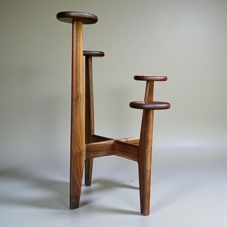 5 tier tassel free plant holder, mid century modern wooden plant stand with adjustable leveling feet.