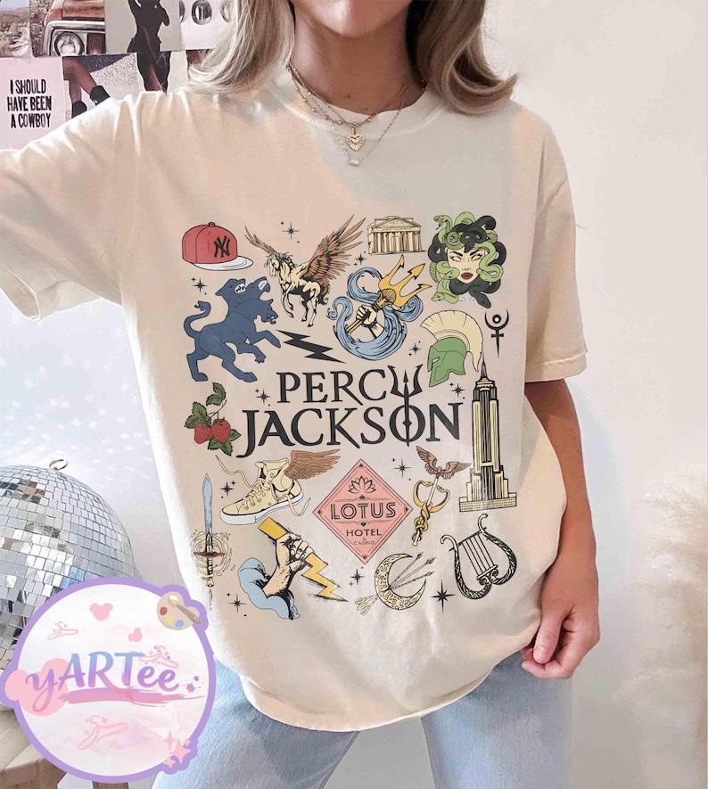 Percy Jackson Olympians Symbols Shirt, Lotus Hotel Medusa Tee, Camp Half Blood Shirt, Greek Mythology Demigods Tee, Bookish Reader Gift