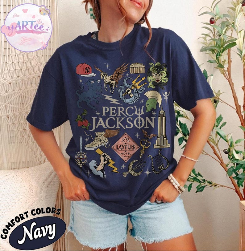 Percy Jackson Olympians Symbols Shirt, Lotus Hotel Medusa Tee, Camp Half Blood Shirt, Greek Mythology Demigods Tee, Bookish Reader Gift