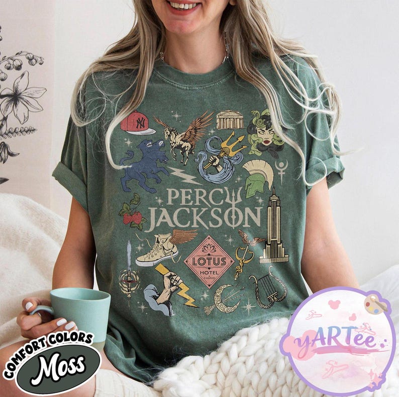 Percy Jackson Olympians Symbols Shirt, Lotus Hotel Medusa Tee, Camp Half Blood Shirt, Greek Mythology Demigods Tee, Bookish Reader Gift