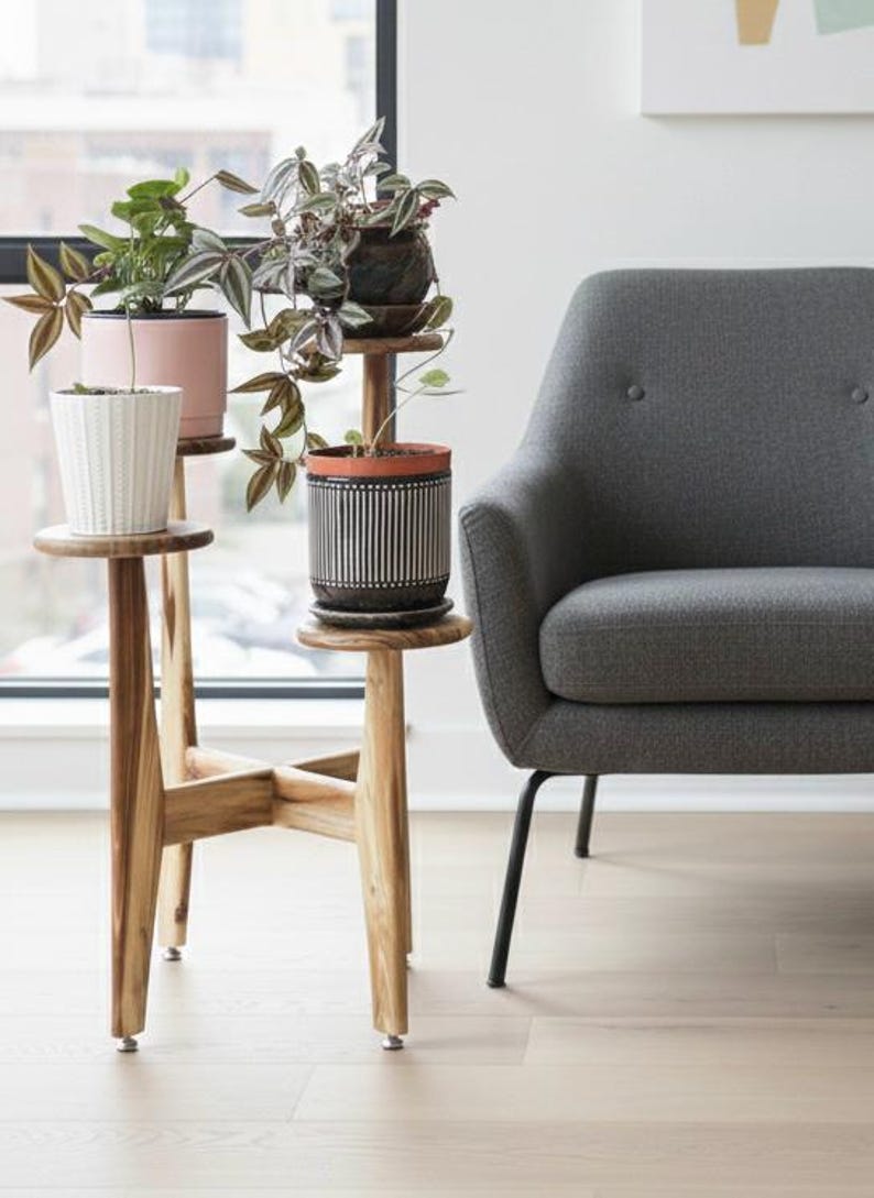 5 tier tassel free plant holder, mid century modern wooden plant stand with adjustable leveling feet.