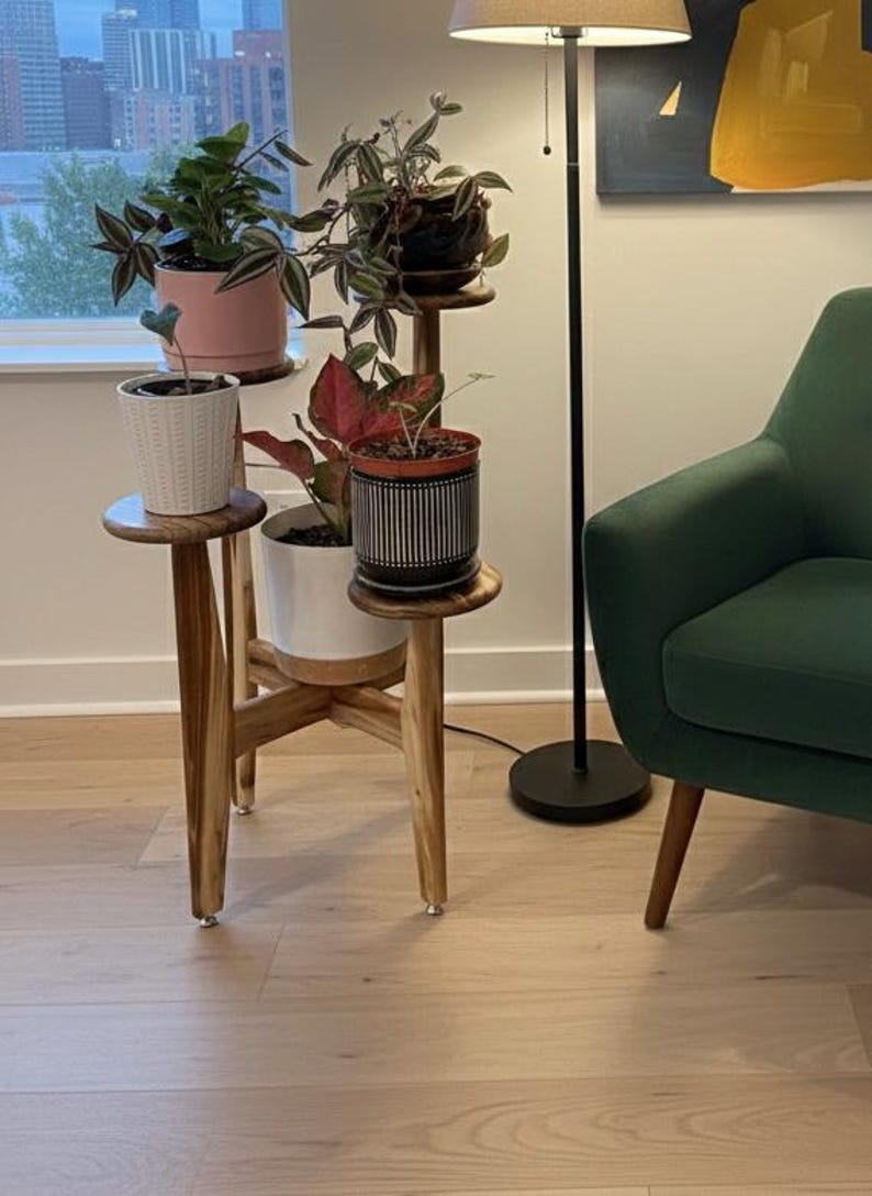 5 tier tassel free plant holder, mid century modern wooden plant stand with adjustable leveling feet.