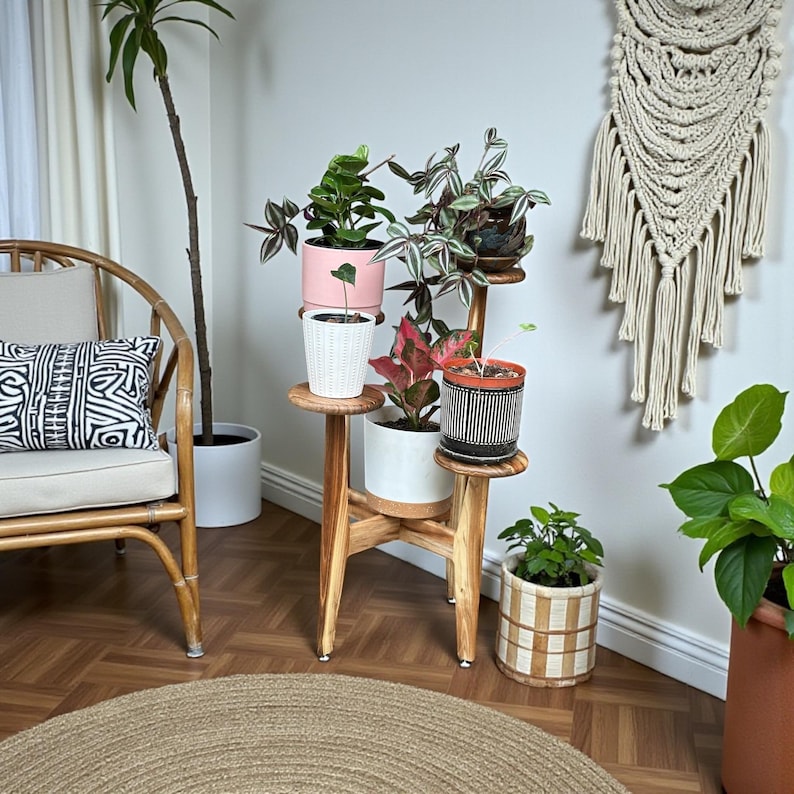 5 tier tassel free plant holder, mid century modern wooden plant stand with adjustable leveling feet.