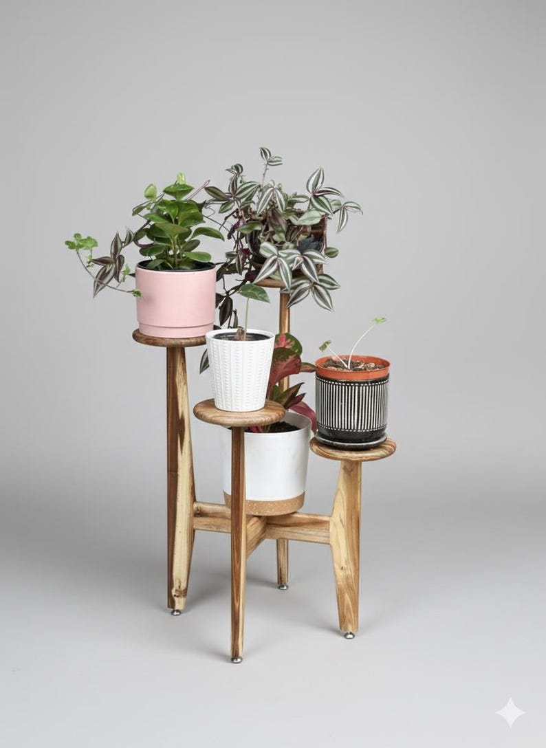 5 tier tassel free plant holder, mid century modern wooden plant stand with adjustable leveling feet.