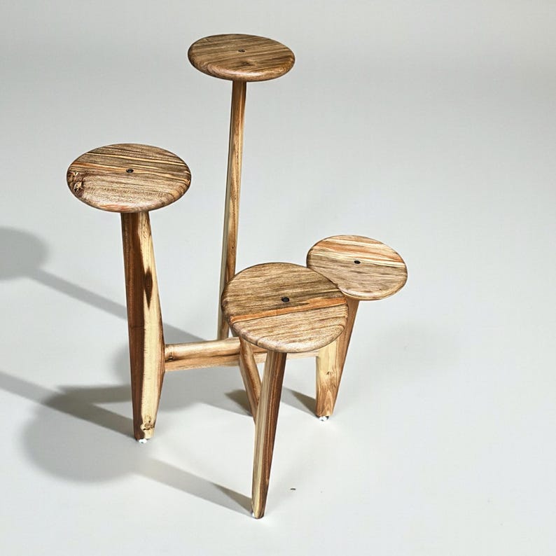 5 tier tassel free plant holder, mid century modern wooden plant stand with adjustable leveling feet.