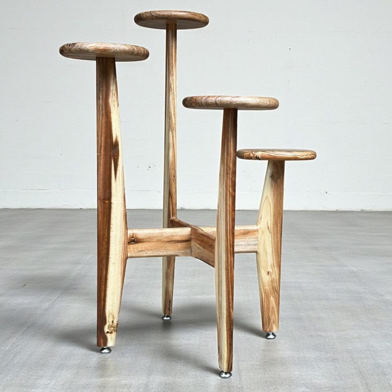 5 tier tassel free plant holder, mid century modern wooden plant stand with adjustable leveling feet.