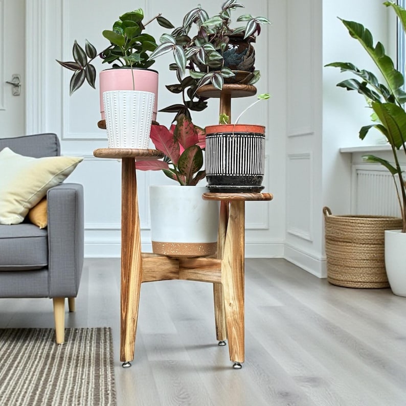 5 tier tassel free plant holder, mid century modern wooden plant stand with adjustable leveling feet.