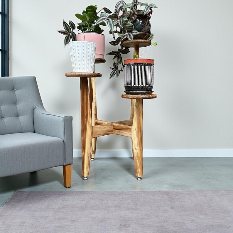 5 tier tassel free plant holder, mid century modern wooden plant stand with adjustable leveling feet.