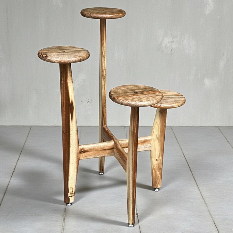 5 tier tassel free plant holder, mid century modern wooden plant stand with adjustable leveling feet.