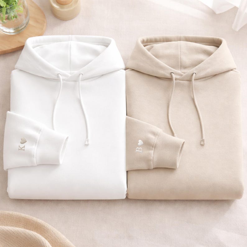 Custom Embroidery Initial Heart sleeve Hoodie, Personalized Valentines Sweatshirt, Embroidered Couples Outfit