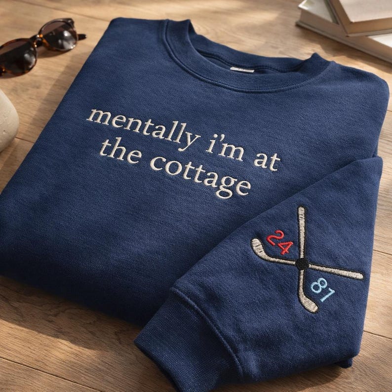 Mentally I&rsquo;m at the Cottage Embroidered Sweatshirt, Heated Rivalry Hockey Romance LGBT Crewneck, Cozy Fan Gift for Book Lovers