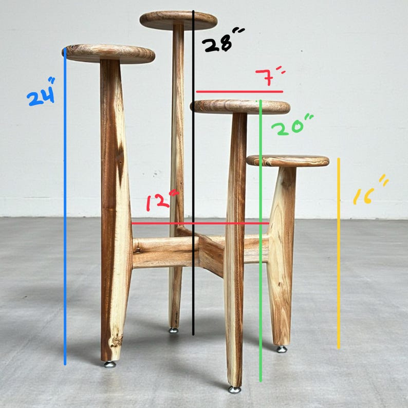 5 tier tassel free plant holder, mid century modern wooden plant stand with adjustable leveling feet.