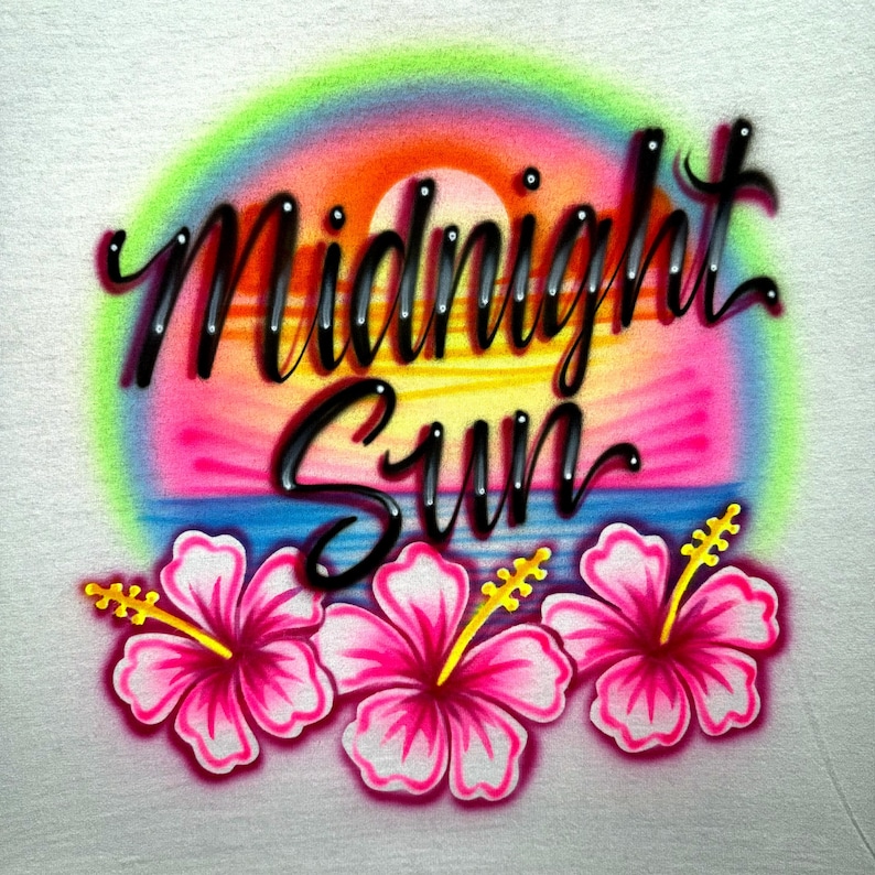 Midnight Sun Airbrush Shirt &mdash; Beach Sunset & Hibiscus Flower