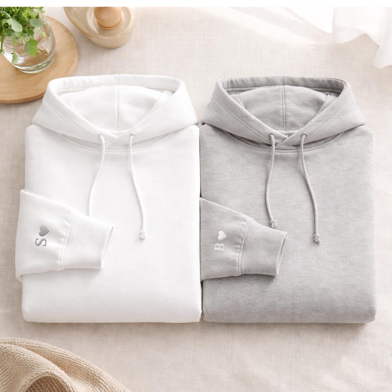 Custom Embroidery Initial Heart sleeve Hoodie, Personalized Valentines Sweatshirt, Embroidered Couples Outfit
