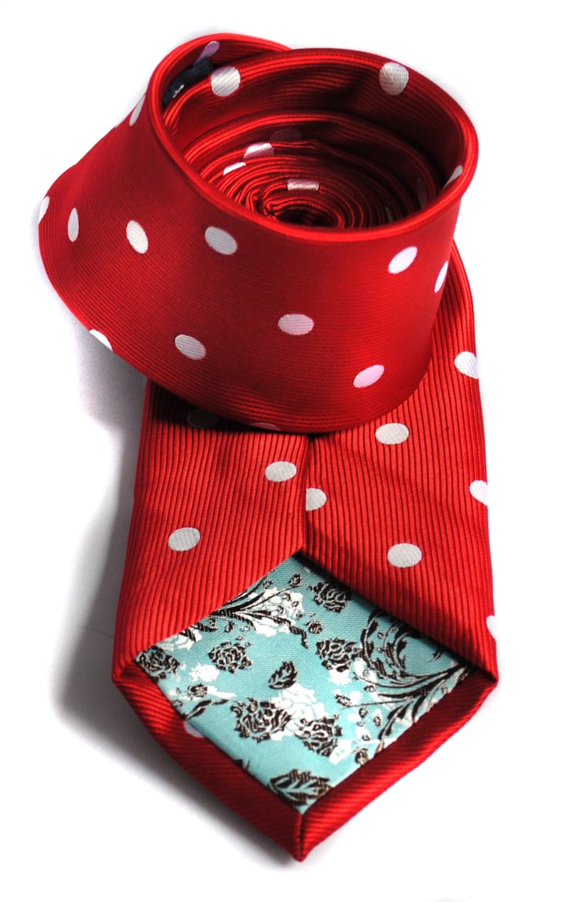 red and white polka spot tie with floral design to the rear by Frederick Thomas FT220