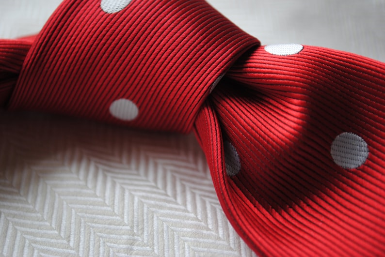red and white polka spot tie with floral design to the rear by Frederick Thomas FT220