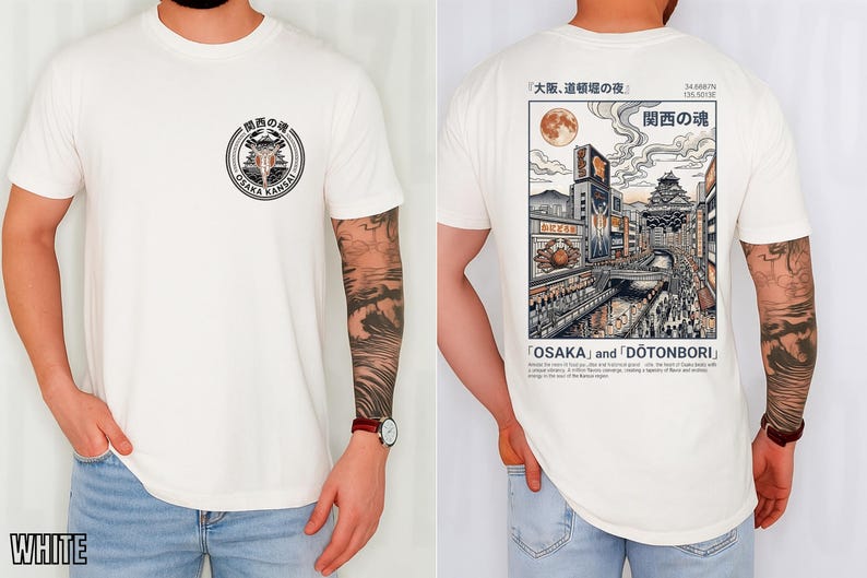 Osaka Dotonbori Japan Back Illustration T-shirt With Front Logo, Retro Japanese Ukiyo-e Style Cityscape Tee, Vintage Japan Cotton Top