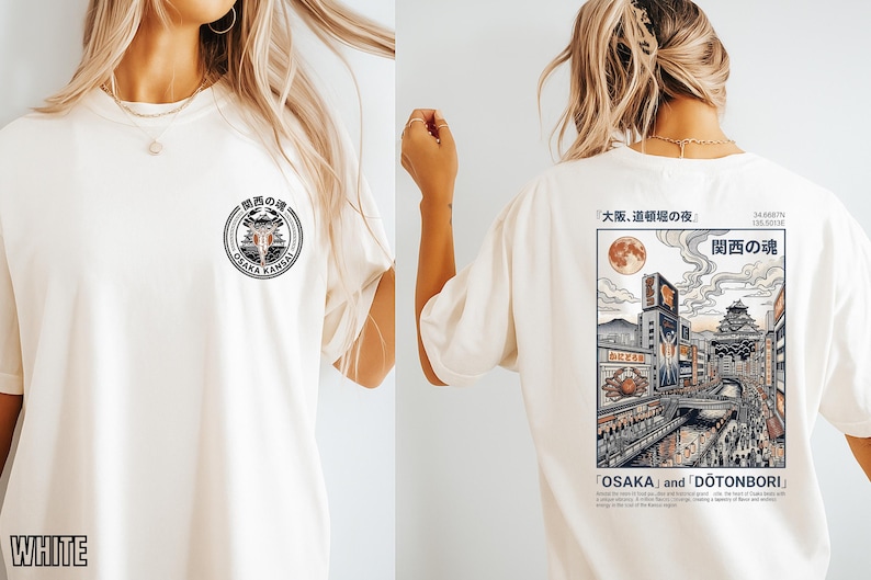 Osaka Dotonbori Japan Back Illustration T-shirt With Front Logo, Retro Japanese Ukiyo-e Style Cityscape Tee, Vintage Japan Cotton Top
